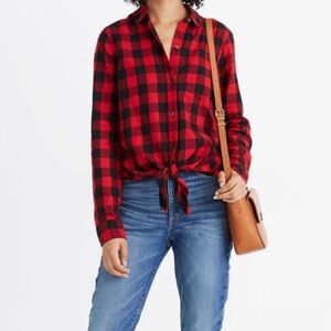 Madewell Red and Black Plaid Tie-Front Shirt